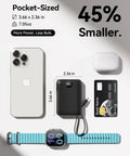 Hella Slick Compact Portable Charger 10000mAh Power Bank With Built In Usb C And Usb A Cables Plus AC Plug For Grab And Go Travel Everyday Carry Setup Gear with smartphone, smartwatch, and credit card.