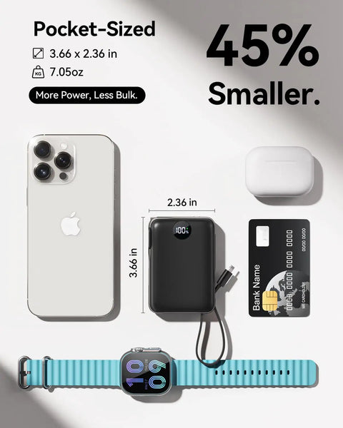 Hella Slick Compact Portable Charger 10000mAh Power Bank With Built In Usb C And Usb A Cables Plus AC Plug For Grab And Go Travel Everyday Carry Setup Gear with smartphone, smartwatch, and credit card.