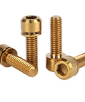 Top Shelf Titanium Bike Bolts M6 Hex Socket Screws Pack Of Four Gold Anodized High Strength Corrosion Resistant Cycle Hardware For Mountain And Road Rides Beefy Build For Daily Wrenching Joy, showing four gold anodized titanium bolts.