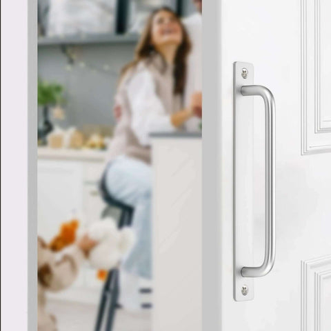 8 Pack Barn Door Handles For Closets And Sliding Doors Seven And A Half Inch Center To Center Silver Zinc Alloy Cabinet Pulls Installed On Door