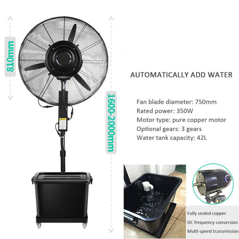Heavy Duty Outdoor Misting Floor Fan With Adjustable Height And Rolling Wheels To Kick Some Serious Heat For Patios Backyards And Commercial Venues All Summer Long, front view with dimensions.