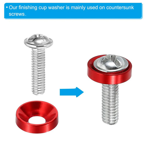 Badass M8 Countersunk Washers, 60 Pack Anodized Aluminum Alloy Flat Cup Head Fasteners For Hefty Mechanical Repairs And Weekend Shop Grind, Smooth Dark Blue Finish with silver screw and red cup washer.