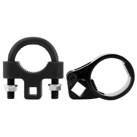Inner Tie Rod Removal Tool With Three Eighths And One Half Inch Drive Sizes For Tight Spaces Universal Tie Rod End Wrench heavy-duty steel clamp wrench shown in two angles