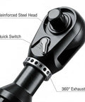 Heavy Duty Half Inch Drive Air Ratchet Wrench Spins Up To 65 Ft Lbs At 160 Rpm with quick switch and reinforced steel head.