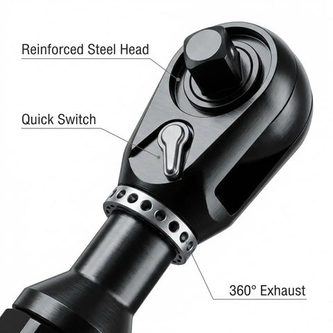 Heavy Duty Half Inch Drive Air Ratchet Wrench Spins Up To 65 Ft Lbs At 160 Rpm with quick switch and reinforced steel head.