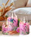 Pink Hummingbird Floral Glass Flameless Candles With Remote Timer Flickering Battery LED Pillar Candles Set Of 3 for Cozy Spring Home Decor
