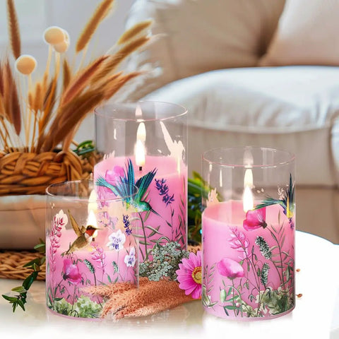 Pink Hummingbird Floral Glass Flameless Candles With Remote Timer Flickering Battery LED Pillar Candles Set Of 3 for Cozy Spring Home Decor