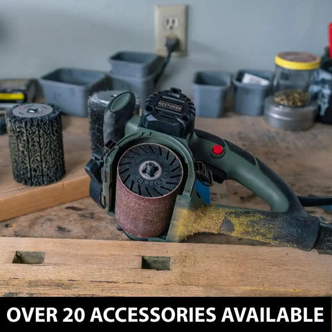 All In One Drum Sander Tool For Woodworking And Surface Conditioning With Vacuum Attachment Pro Grade Variable Speed Kit on workbench