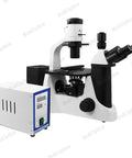 100X-400X Inverted Fluorescence Microscope With Trinocular Head And Dual Illumination Pro-Grade Lab Microscope For Biological Imaging And Cellular Work HM FM03030303, side view with lamp unit
