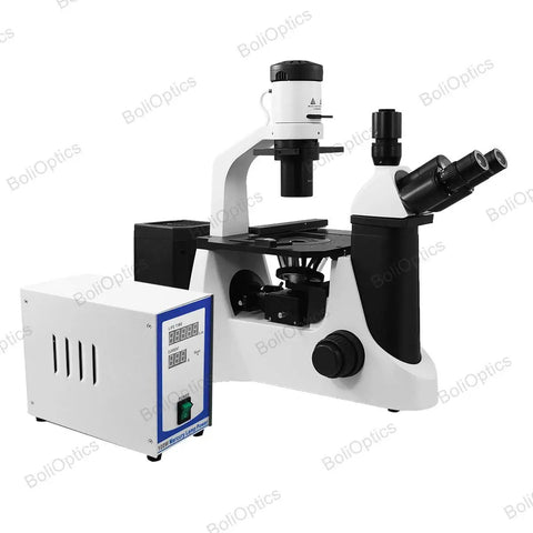 100X-400X Inverted Fluorescence Microscope With Trinocular Head And Dual Illumination Pro-Grade Lab Microscope For Biological Imaging And Cellular Work HM FM03030303, side view with lamp unit