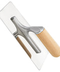 Three Piece Venetian Plaster Trowel Set With Stainless Steel Finishing Trowels And Wooden Handles, close-up of steel blade
