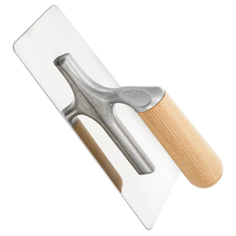 Three Piece Venetian Plaster Trowel Set With Stainless Steel Finishing Trowels And Wooden Handles, close-up of steel blade