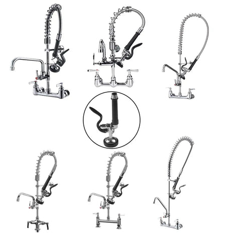 Pro Grade Pre Rinse Spray Valve Head For Commercial Kitchen Sinks shown with various faucet assemblies in black finish.