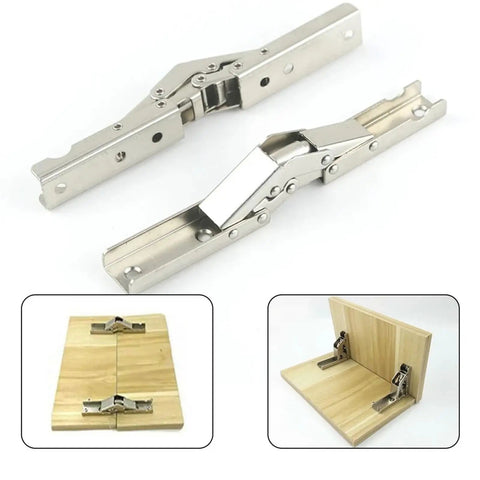 2 Pack 90 Degree Self Locking Folding Hinges for Table Legs and Chairs, metal hinge with wood panels in folded and upright positions