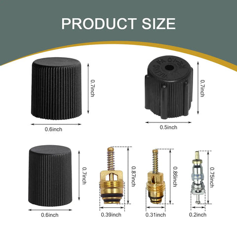 Product size chart for 7 Piece Car AC Valve Core Kit With Caps And Seals For DIY No Fuss Friendly AC System Repair Includes R12 Cores And Core Seats Universal Black Durable Finish For Easy Replacements And Leak Proof Performance On Most Vehicles.