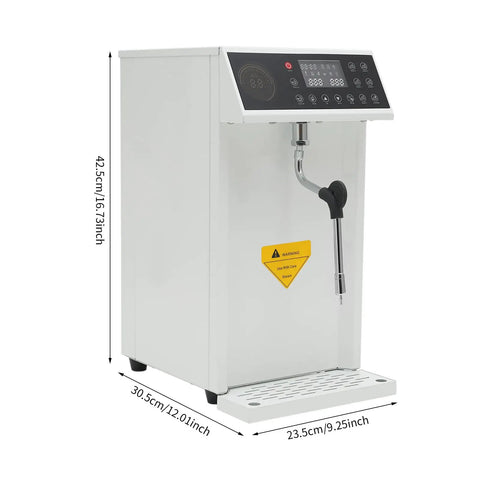 Pro Rig Commercial Steam Milk Frother Electric Cafe Milk Steamer Featuring Precision Temp Dial And Crisp Led Interface Zero Stress Foam Pull Reliable Main Street Setup White shown in detailed side view with dimensions.