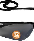 Boss Level Polycarbonate Safety Glasses With Mirror Tinted Smoke Lenses And Matte Black Frame Flat Out Comfortable Unisex Impact Resistant Eyewear For Crew Prepped Job Sites Pack Of 144, showing 12 pairs with black frame and smoke lens.