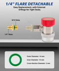 Front view of two-piece R134a refrigerant adapter set with red cap valve and green O-ring; 1/4 in and M12 male fittings