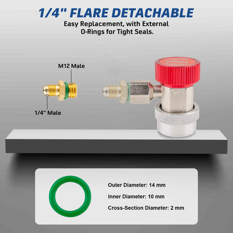 Front view of two-piece R134a refrigerant adapter set with red cap valve and green O-ring; 1/4 in and M12 male fittings