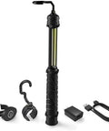 Cordless LED Work Light Handy On The Go 350 Lumens with hooks, magnetic base, USB cable, and adapter, for versatile usage.