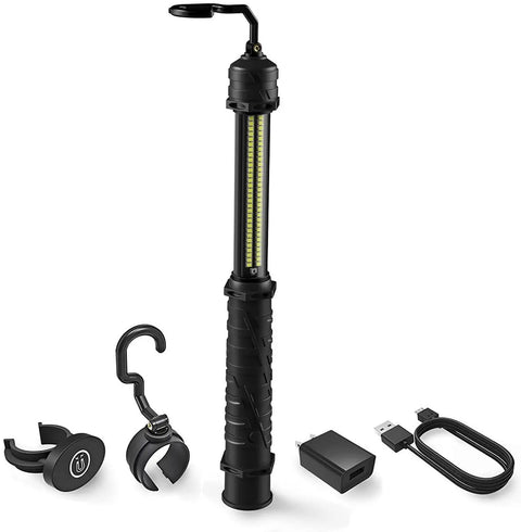 Cordless LED Work Light Handy On The Go 350 Lumens with hooks, magnetic base, USB cable, and adapter, for versatile usage.