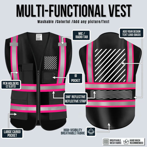 High Visibility Reflective Safety Vest With Custom Logo Hi Vis Work Uniform Built Tough For Construction Sites And Trucking Pros Who Gotta Get The Job Done showing pockets and reflective strips.