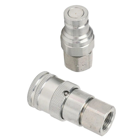 2 Pcs Heavy Duty Hydraulic Quick Coupler Set 3 8 In Npt Flat Face Fittings With Zip Caps For High Pressure Excavator Construction Keeping Tight Seals Made From Carbon Steel Zinc Coat Allowing For Easy Hook Up No Leak Guarantee On Heavy Jobs. silver hydraulic quick coupler pair with flat face ends and zip caps