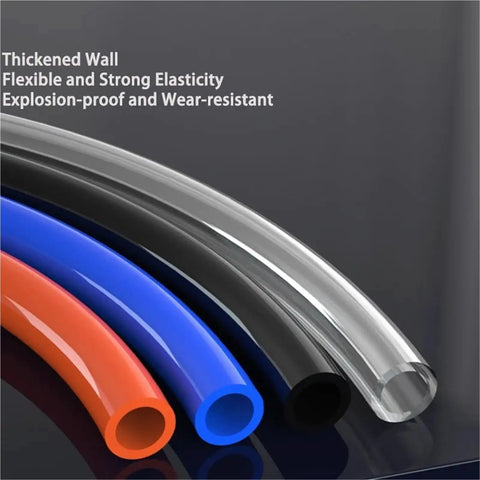 Top Shelf Pneumatic Air Hose And Compressor Tubing 4Mm 6Mm 8Mm 10Mm Variants One Meter Run featuring orange, blue, black, and clear PU tubes.