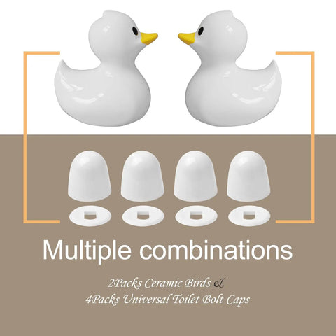 2 Pack Ceramic White Duck Toilet Bolt Covers With 4 Round Cap Washers Adorable Bathroom Decor Easy Tool Free Install Cute Toilet Floor Screw Covers Fun Christmas Gift For Women showing front view with ducks and round cap washers.