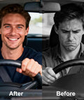Split image of a man smiling in a car and the same man looking unhappy, labeled as 'Before' and 'After.'