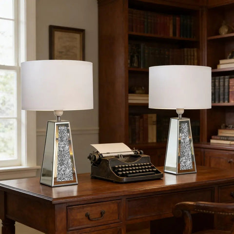 Led Mirrored Table Lamp With Heart Shaped Crystal Diamond Silver Base And Beige Linen Rectangular Shade 24.4 Inch Height