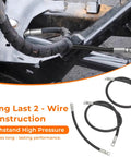 Two snow plow hydraulic hoses (1/4x42 and 1/4x16) with metal fittings, installed on a metal frame