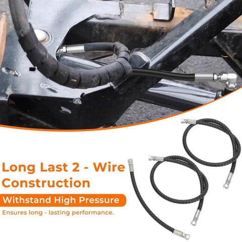 Two snow plow hydraulic hoses (1/4x42 and 1/4x16) with metal fittings, installed on a metal frame