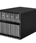 Solid As A Rock Pair Of Internal Hot Swap Drive Cages Converts Three 5.25 Inch Bays Into Five 3.5 Slot Enclosures For Sas And Sata Discs With Sleek Aluminum Chassis And No Sweat Quick Setup, showing five drive slots.