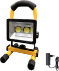 JUDYSSY Portable Led Floodlight Rechargeable Battery with handle, black and yellow frame, 30W 800Lm for construction use.
