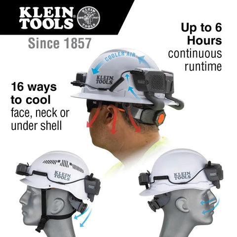 Power Packed 3200 mAh USB C Portable Battery For Hard Hat Cooling Fans And USB Devices shown attached to a safety helmet.