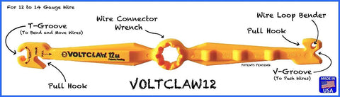 Nonconductive Electrical Wire Pliers For 12 To 14 Gauge, showing T-Groove, V-Groove, wire connector wrench, and pull hooks