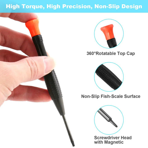 Close-up of hand holding Magnetic 25 Piece Nerd-Grade Precision Screwdriver with rotatable top cap and non-slip grip