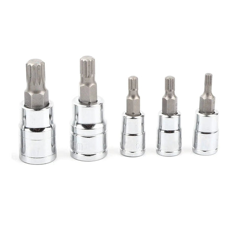 Ten Piece 12 Point Triple Splined Bit Socket Set With One Quarter Inch, Three Eighths Inch, And One Half Inch Drives For Auto Repair