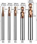 ASNOMY 5pc ball-nose carbide end mill set, 2-flute CNC router bits, HRC55, radii 1, 1.5, 2, 3, 4 mm