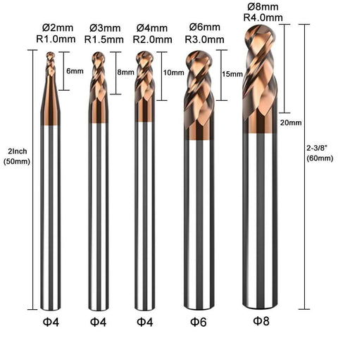 ASNOMY 5pc ball-nose carbide end mill set, 2-flute CNC router bits, HRC55, radii 1, 1.5, 2, 3, 4 mm