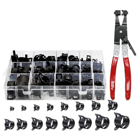 Spring Band Hose Clamps Assortment Kit For Fuel Line Swivel Pipe Pliers Stepless Tightening Tool That Is Totally Sick And Dope For Any Auto Gearhead Who Wants A Solid Fix Without Breaking The Bank. black stepless hose clamp assortment kit with pliers and storage case