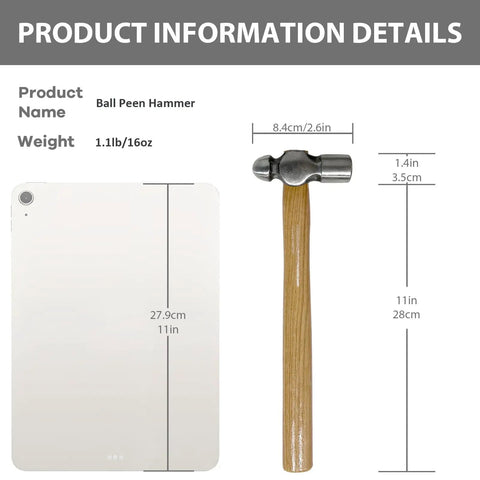 16oz Ball Peen Hammer For Metalworking And Riveting Handy Machinist Hammer with measurements beside tablet.