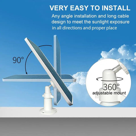 Durable Solar Panel for SimpliSafe Outdoor Camera Series 2 Waterproof Charger with 360 Degree Adjustable Mount displayed on a stand