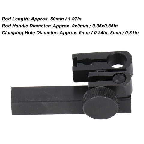 Dial test indicator height holder bar with sleeve swivel clamp, black metal, 9x9mm cross-section, 50mm length