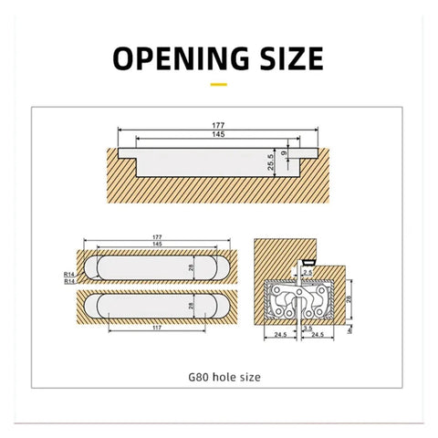 Diagram showing opening size dimensions for Rugged Heavy Duty Black Hidden Gate Hinge Set For Casement Doors 2 Pack 80Kg Capacity