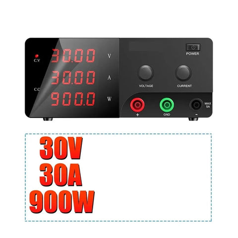 Dope High Power Adjustable Switching Regulator DC Power Supply With 100V To 110V Input 5A To 60A Output display showing 30V 30A 900W