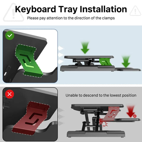 Keyboard tray installation guide for 32 Inch Standing Desk Converter With Sit Stand Elevation Height Adjustable Riser Dual Monitor Riser.