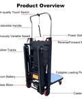 Product overview of Super Heavy Duty Electric Stair Climber Cart With 440 LB Max Load Capacity And 600W Motor showcasing features and controls.