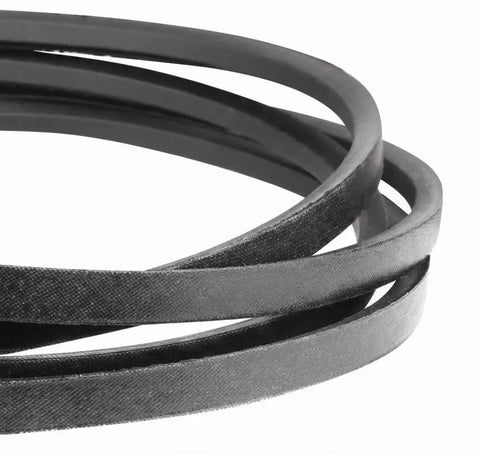 Replacement Drive Belt Five Eighths Inch By Twenty Four Point Five Inches For Universal Drive Heavy Duty Industrial Systems Replaces OEM One Half Inch ID Beefed-Up High-Tension Belt For Outdoor Machinery And Drive Setups black V-belt coiled on white